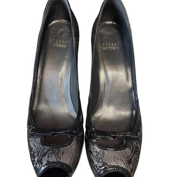 Stuart Weitzman Silver Peep toe Pumps with Black Lace Overlay - Picture 4 of 11